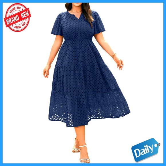 Elegant Eyelet Maxi Dress Flowy A-Line V-Neck Wedding Guest Formal Wear
